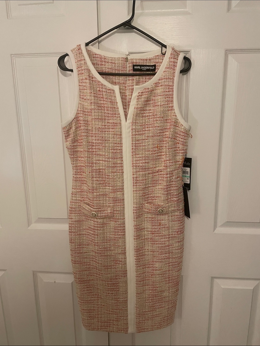Karl Lagerfeld Pink and White Tweed Sheath Dress with Pocket Detail